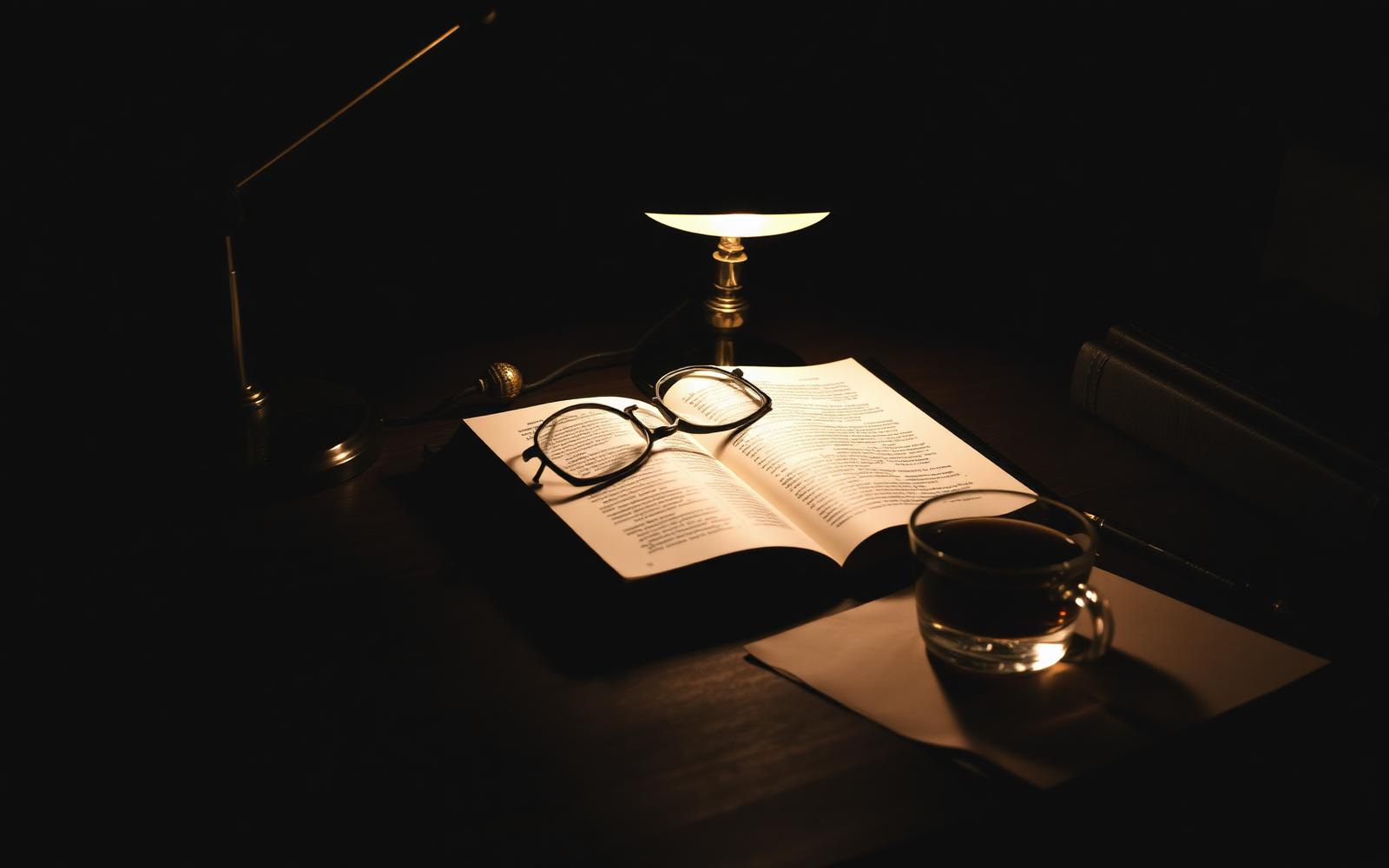 An open book on a quiet writing desk at night